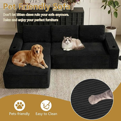104" Cloud Sectional Couch L-Shaped with Side Pockets Cup Holders, Corduroy Boneless Couch for Living Room,Upholstered Deep-Seat Modular Sectional Sofa, No Assembly Required (Black,Left Facing Chaise)