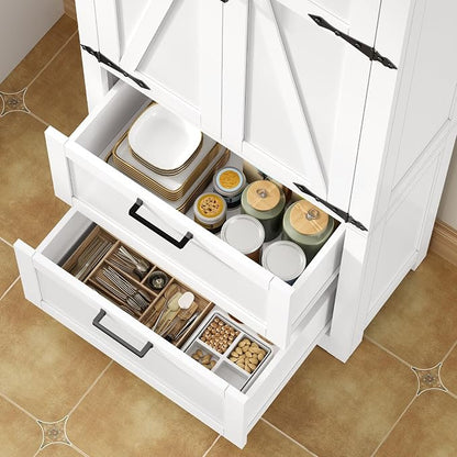 TEENFON 66.2" H Storage Cabinet with 2 Drawers, Farmhouse Kitchen Pantry Cabinet with 2 Doors & Adjustable Shelf, Bathroom Cabinet, for Living Room, Kitchen, Bathroom, White
