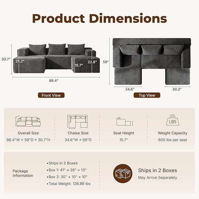 Modular Sectional U-Shaped Sofa with Deep Seat, Modern Boneless Comfy Corduroy Fluffy Couch with Side Pockets and Anti-Slip & Floor-Friendly Bottom for Living Room, No Assembly, Dark Grey
