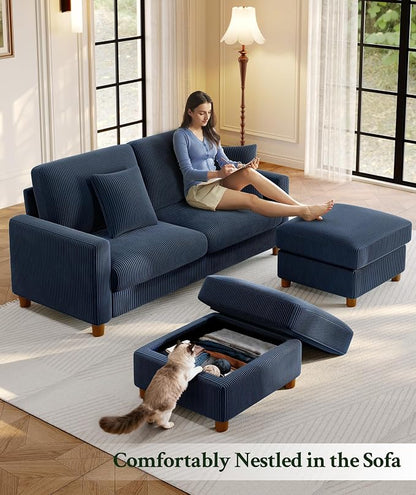 Welzona 70.2" Couches for Living Room, Comfy U Shaped Couch Blue 7.1" Thicker Cushion, Sofas for Living Room Tool-Free Setup, Loveseat with Ottoman 7058lbs Support, Corduroy Couch for Bedroom, Office