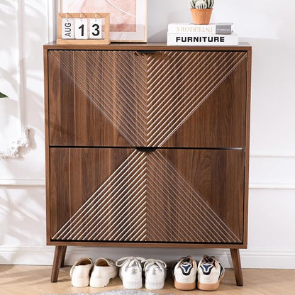 oakvivo Shoe Cabinet Storage, Farmhouse Freestanding Organizer with 2 Flip Drawers and 4 Wooden feet, Narrow Shoe Rack Cabinet for Entryway, Foyer, Hallway, Walnut