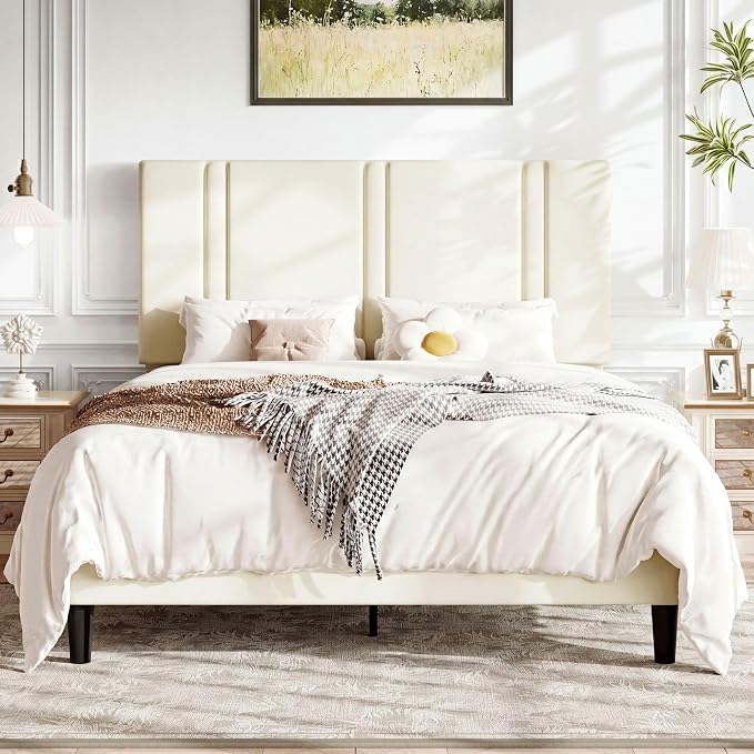 Allewie Queen Platform Bed Frame with Adjustable Headboard, Plush Velvet Upholstered, Vertical Channel Tufted, Sturdy Wooden Slats, No Box Spring Needed, Easy Assembly, Cream