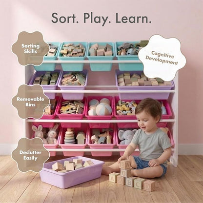 Humble Crew Toy Storage Organizer with 16 Removable Storage Bins for Kids Playroom, 4-Tier Toddler Toy Organization, White/Blue/Pink/Purple