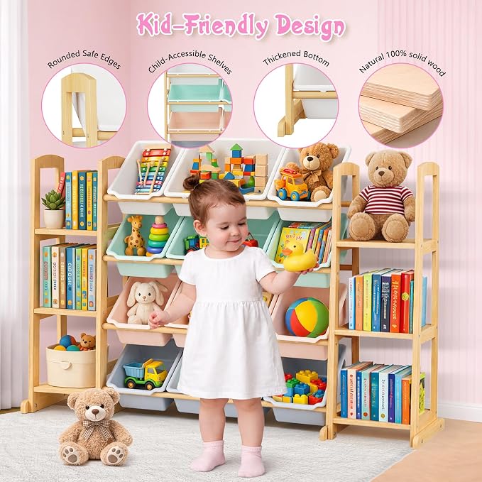 Kids Toy Storage Organizer with Bookshelf – Wooden Shelf with 12 Bins & 6 Shelves, Quick Assembly Storage Rack for Playroom, Bedroom, Nursery – Colorful