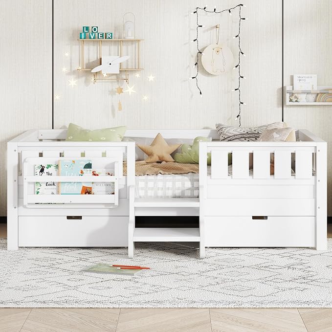 Bellemave Twin Size Kids Montessori Bed with Stairs and Bookshelf,Solid Wood Twin Size Kids Bed Frame with Drawers and Storage for Girls Boys,Low-Profile,White