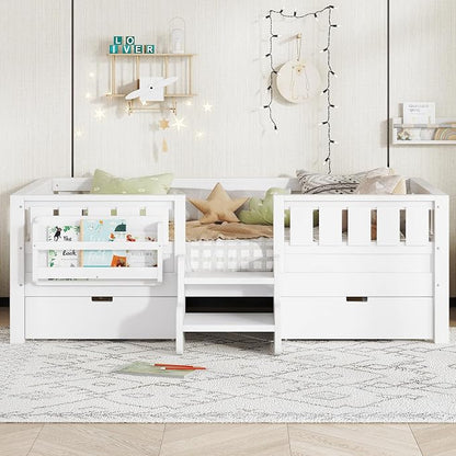 Bellemave Twin Size Kids Montessori Bed with Stairs and Bookshelf,Solid Wood Twin Size Kids Bed Frame with Drawers and Storage for Girls Boys,Low-Profile,White