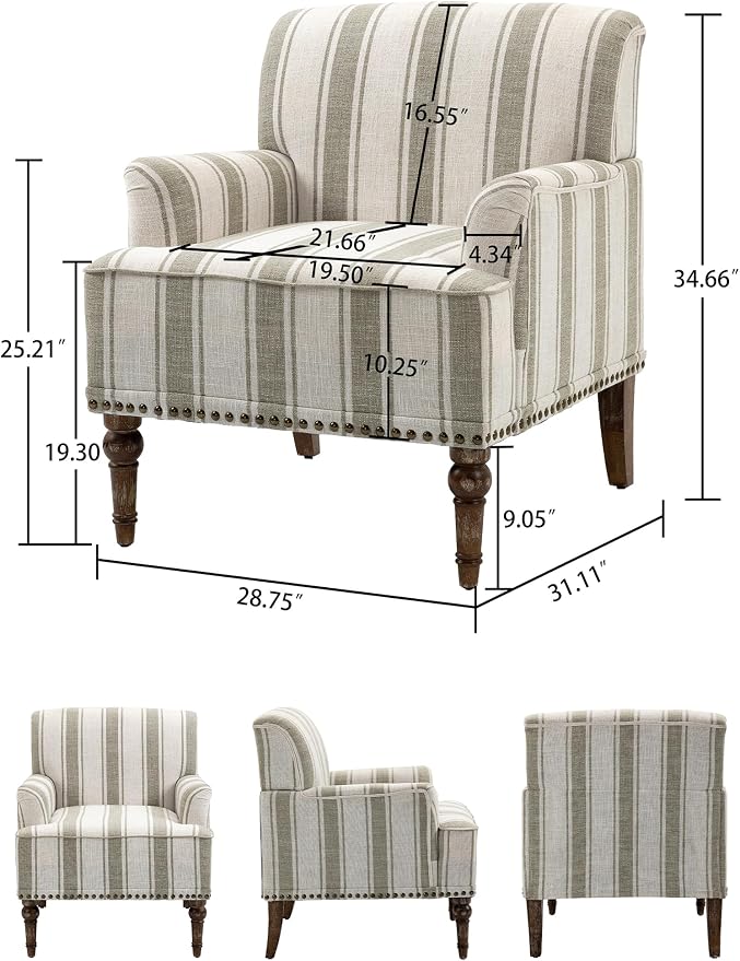 Accent Chair, Mid Century Modern Comfy Armchair for Living Room, Linen Fabric Single Sofa Lounge for Reading Bedroom Apartment Waiting Room with Wood Legs (Brown Stripe, Set of 2)