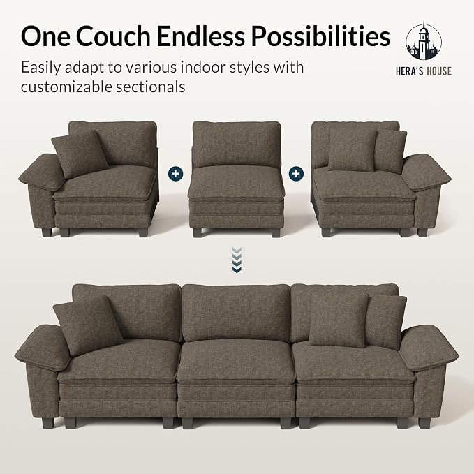 HERA'S HOUSE 88" Modular Sectional Sofa, L Shaped Couches for Living Room, Comfy Cloud Couch with Ottoman, 3-Seater Deep Seat Sofa with Throw Pillow, Chenille Ash