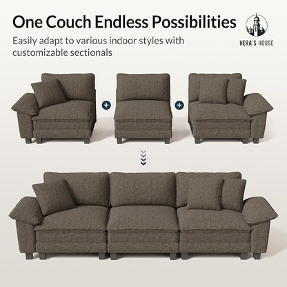 HERA'S HOUSE 88" Modular Sectional Sofa, L Shaped Couches for Living Room, Comfy Cloud Couch with Ottoman, 3-Seater Deep Seat Sofa with Throw Pillow, Chenille Ash