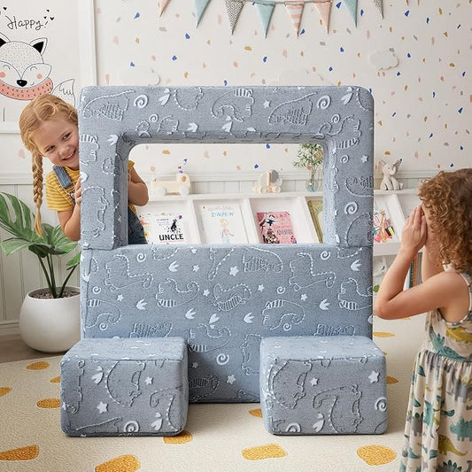 MeMoreCool Dinosaur Glow Foam Kids Play Couch Set, Gray Modular Sofa & Lounger – Glow-After-Light Dinosaur Pattern, Machine-Washable Cover