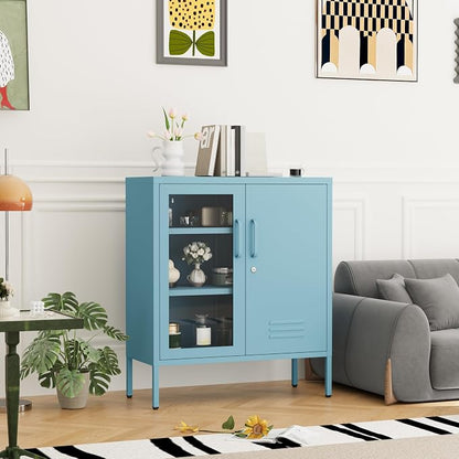 Metal Cabinet Metal Bathroom Storage Cabinet Metal Storage Cabinets with Glass Door and Adjustable Shelves Cabinet Storage for Coffee Bar for Homes, Living Rooms and Offices Blue 33''H