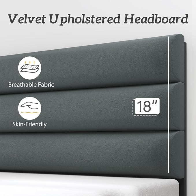 Fluest Full Bed Frame, Platform Bed Frame with Velvet Upholstered Headboard, No Box Spring Needed, Sturdy Metal Support, Noise Free, Easy Assembly, Modern Bedroom Furniture, Grey