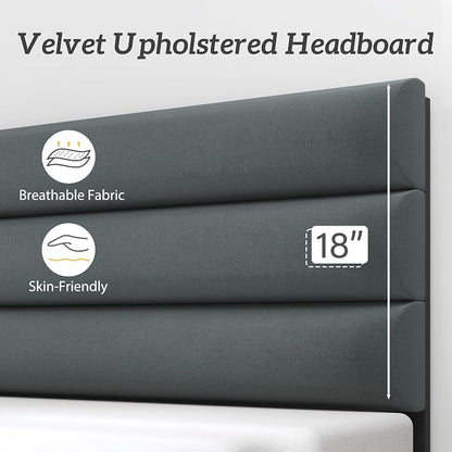 Fluest Full Bed Frame, Platform Bed Frame with Velvet Upholstered Headboard, No Box Spring Needed, Sturdy Metal Support, Noise Free, Easy Assembly, Modern Bedroom Furniture, Grey