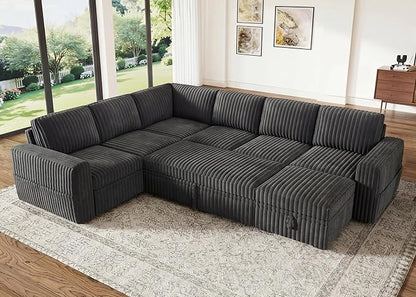 HONBAY Modular Sectional Sleeper Sofa with Pull Out Bed,Corduroy U Shaped Couch with Storage, Sectional Couches for Living Room,Dark Grey
