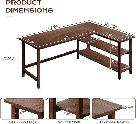 IOTXY Reversible L-Shaped Office Desk - 63" Extra Large Corner Computer Table with Storage Shelves, Solid Wood Legs, Home Writing & Study Workstation, Walnut