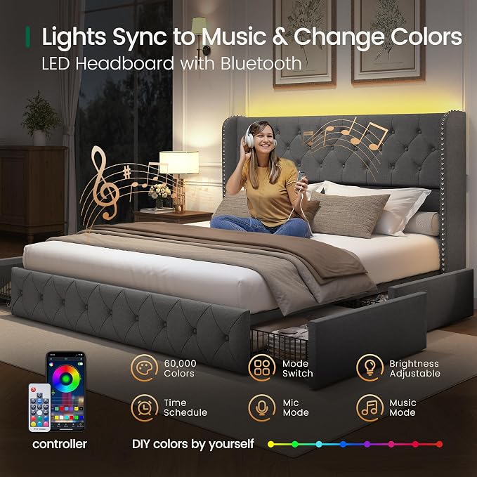 LARMACE King Size Bed Frame with LED Lights and 4 Storage Drawers Linen Upholstered Platform Bed Frame with 47.2" Tall Tufted Headboard Wingback, No Box Spring Needed, Easy to Assemble, Grey