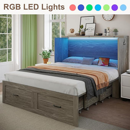 KCGKCG Full Size Murphy Bed with Storage & Charging Station, Murphy Cabinet Bed with Large Drawer for Guest Bedroom, Living Room, Office or Small Room, Full Foldable Platform Bed (Grey, Full)