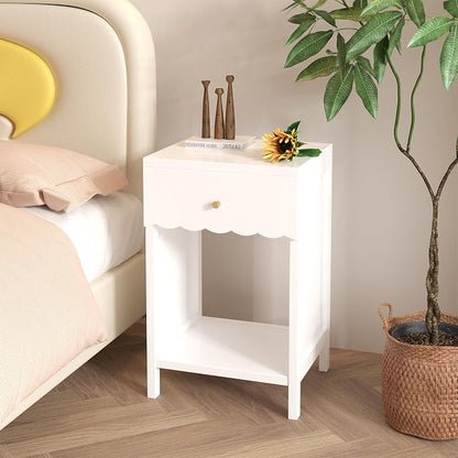 Cute White Nightstand with Drawer and Open Shelf, Scalloped Edge Design Bedroom Bedside Table, Wood End Table for Kids Girls Bedroom, White