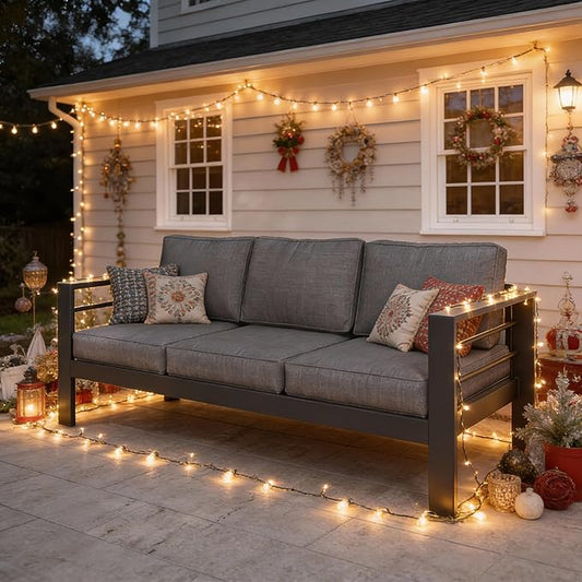 Kiss the Water 3 Seats Aluminum Outdoor Patio Sofa Set, All Weather Rust-Proof Metal Patio Couch, Modern Outdoor Furniture for Backyard Porch Garden, 5" Thick Waterproof Olefin Cushions, Light Grey