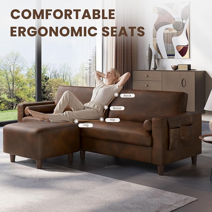 Vesgantti 100" Faux Leather Sofa with Movable Ottoman, Wide Seating L Shaped PU Leather Couch with Side Pocket, Comfy Mid Century Modern Modular Sectional Sofa for Living Room, Office, Cocoa