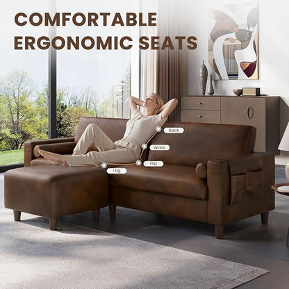 Vesgantti 100" Faux Leather Sofa with Movable Ottoman, Wide Seating L Shaped PU Leather Couch with Side Pocket, Comfy Mid Century Modern Modular Sectional Sofa for Living Room, Office, Cocoa