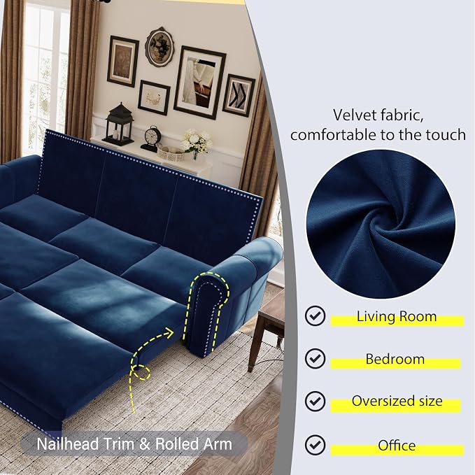 93.7" King Pull Out Sofa Bed, Velvet Sleeper Sofa Couch, 3 in 1 Convertible Futon Couches for Living Room, Small Space, Apartment, Office, Bedroom, Modern Rivet Armrest, Blue