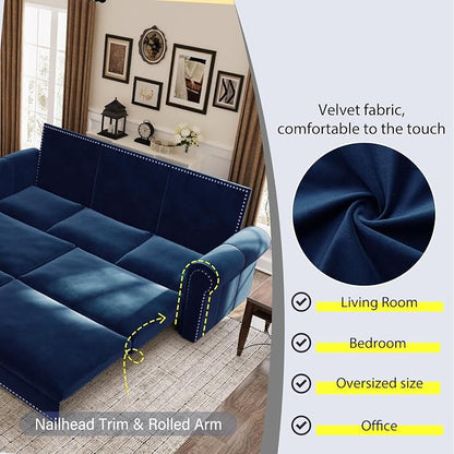 93.7" King Pull Out Sofa Bed, Velvet Sleeper Sofa Couch, 3 in 1 Convertible Futon Couches for Living Room, Small Space, Apartment, Office, Bedroom, Modern Rivet Armrest, Blue