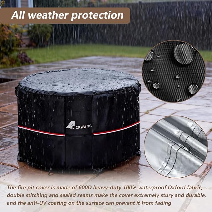 Fire Pit Cover Round 32 Inch Waterproof,Outdoor Heavy Duty Durable 600D Tear-Resistant Fire Pit Table Cover,Patio Round Firepit Cover 32" D x 24" H, Black