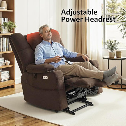 MCombo Big Man Power Lay Flat Lift Chair, Triple Motor Power Lift Recliner with Massage & Dual Heating, Adjustable Headrest, Fabric R7524 (Coffee, Medium-Wide)
