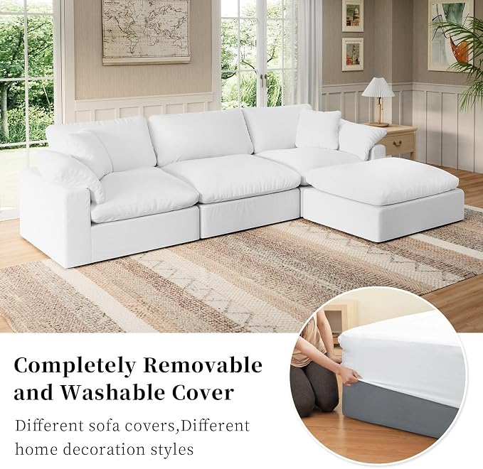 Modular Sectional Sofa Cloud Couch,Down Filled Comfy Cloud Modern Sofa,White Linen L Shape Oversized Couch Cushion Covers Removable Furniture for Living Room
