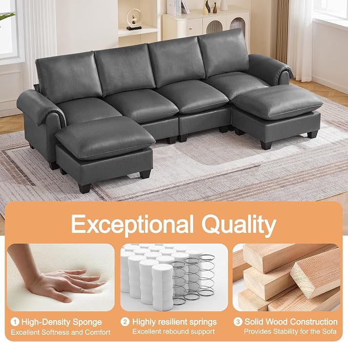 118" Faux Leather Modular Sectional Sofa with 2 Ottoman, Oversized 4 Seater Couch with Curved Armrests, Cloud Modern U-Shaped Sofa Deep Seat for Living Room, Grey