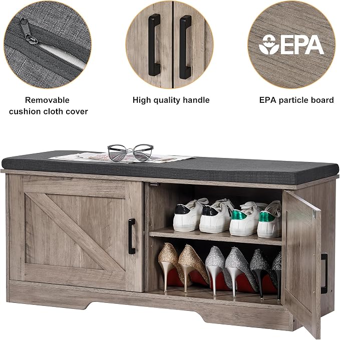 HOMSHO Farmhouse Shoe Storage Bench with 2 Barn Doors & Padded Seat Cushion | 39.4" Wide Entryway Bench with Adjustable Shelves & Hidden Storage, Greige