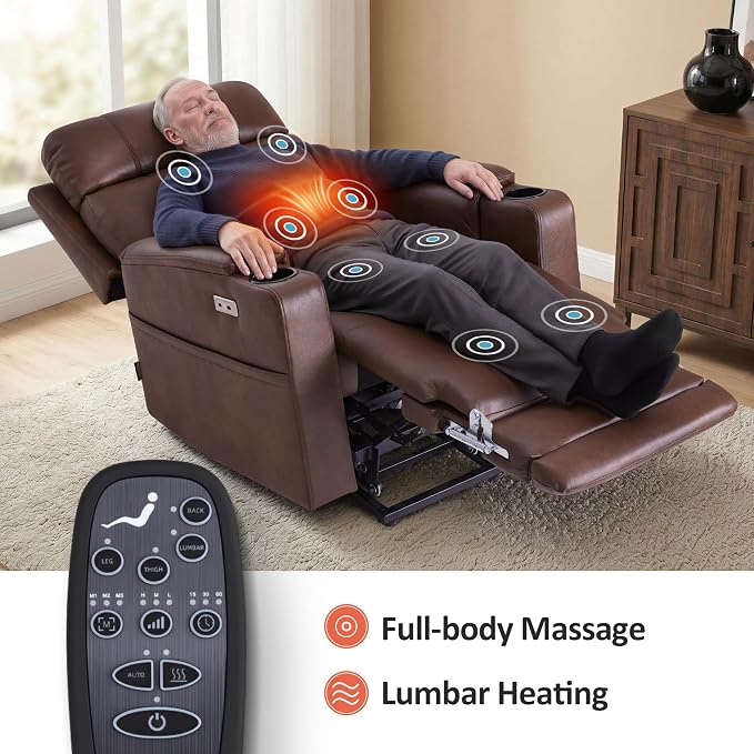 MCombo Lift Chair for Tall Man 6‘6’’, Dual Motor Power Lift Recliner Chair for Elderly, Lay Flat for Sleeping, Heat and Massage, USB & Type C, Faux Leather 7755 (Dark Brown)