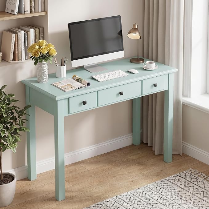 STHOUYN Small Green Writing Desk with Drawers, Vanity Table for Bedroom | Small Farmhouse Makeup Vanity Desk No Mirror, Adult/Student Writing Desk with Drawers for Small Spaces, Home Office, Study