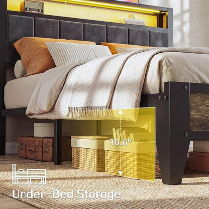 OLEVS Full Size Bed Frame with Charging Station & LED Light, 2-Tier Storage Headboard & Footboard, Type C & USB Ports Metal Platform Bed, No Box Spring Needed, Easy Assembly