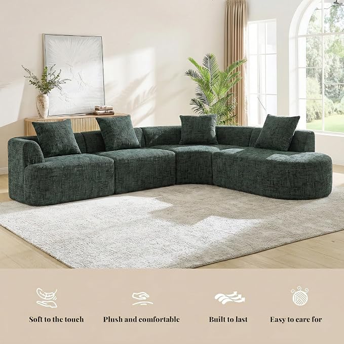 123" Curved Modular Sectional Sofa for Living Room, Oversized Chenille Cloud Couch, L-Shaped Boneless Sofa with Chaise Lounge, Compressed Couch Deep Seat, No Assembly (Green, L-Shape Right Chaise)