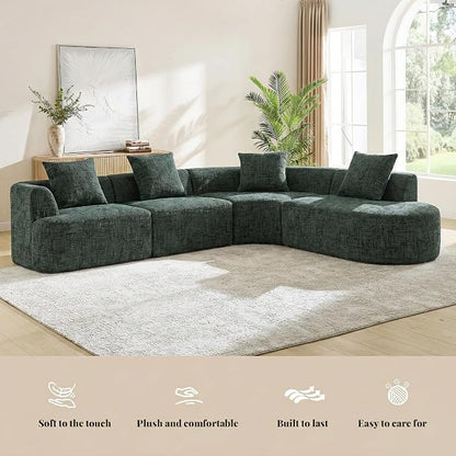 123" Curved Modular Sectional Sofa for Living Room, Oversized Chenille Cloud Couch, L-Shaped Boneless Sofa with Chaise Lounge, Compressed Couch Deep Seat, No Assembly (Green, L-Shape Right Chaise)