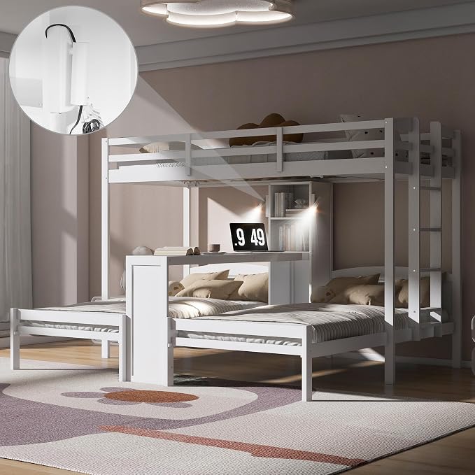 VilroCaz Twin Over Twin & Twin Bunk Bed with Built-in Desk and Storage Shelves, 3 Beds in 1 Design Solid Wood Triple Bunk Bed with Reading Lamp and Guardrails for Kids Teens Aldults (White-2.14)