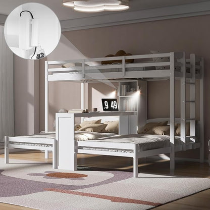 VilroCaz Twin Over Twin & Twin Bunk Bed with Built-in Desk and Storage Shelves, 3 Beds in 1 Design Solid Wood Triple Bunk Bed with Reading Lamp and Guardrails for Kids Teens Aldults (White-2.14)