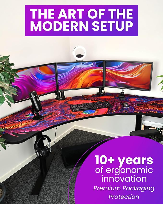 Arozzi Arena Angelo L Shaped GamingDesk, PC Gaming Desk L Shape, Height Adjustable L Shaped StandingDesk for Home Office, ComputerDesk with Full Coverage Mouse Pad (Crawling Chaos)