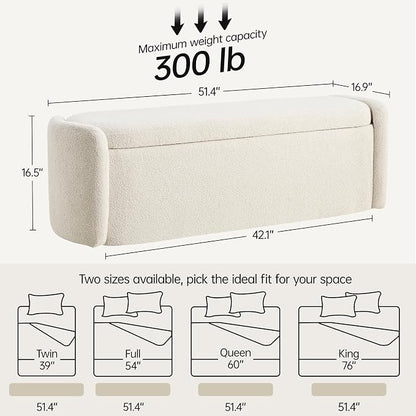 VKNOW 51" Storage Ottoman Bench, Upholstered End of Bed Bench with Smooth Hinges, Oval Large Ottoman Bench for Bedroom, Living Room and Hallway Entryway, Beige