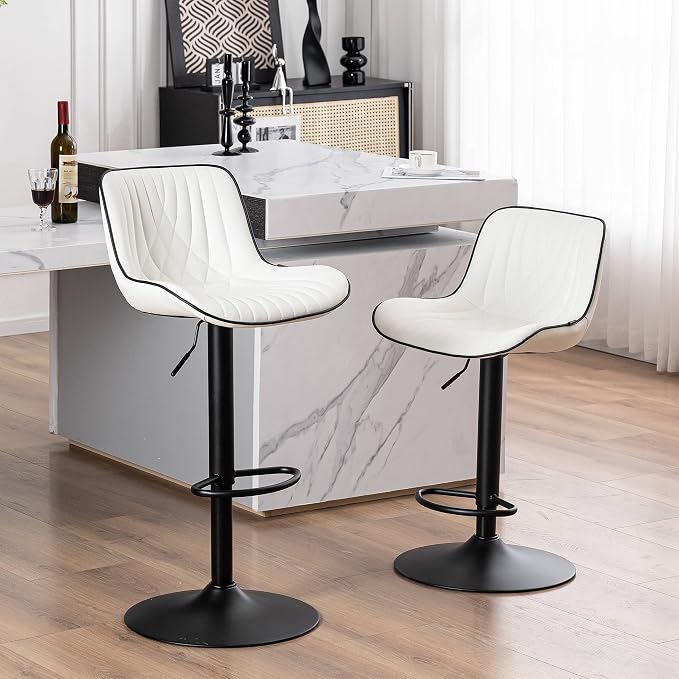 YOUTASTE Bar Stools Set of 2, Adjustable Swivel Counter Height Barstools with Back, White Faux Leather Upholstered Bar Chairs with Black Metal Base, Stools for Kitchen Island or Home Bar