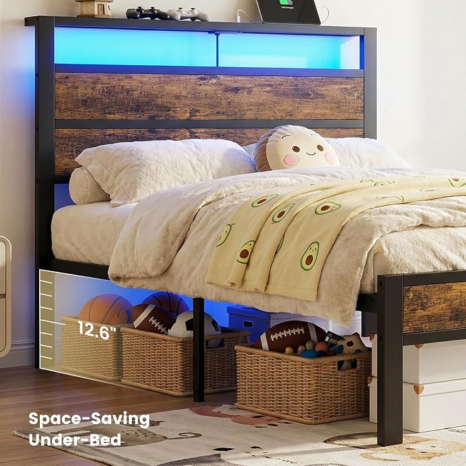 Twin Bed Frame with LED Lights & USB Charging Station, Brown Metal Platform Bed with Storage Headboard, Under-Bed Space, Noise-Free & Sturdy, No Box Spring Needed, Easy Assembly