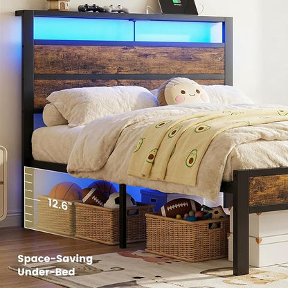 Twin Bed Frame with LED Lights & USB Charging Station, Brown Metal Platform Bed with Storage Headboard, Under-Bed Space, Noise-Free & Sturdy, No Box Spring Needed, Easy Assembly