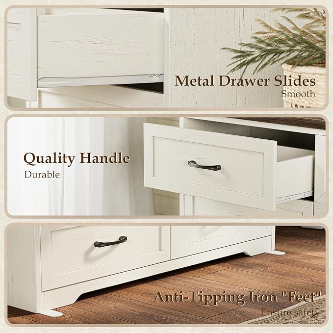 AODK Farmhouse 7 Drawer Dresser for Bedroom, 47” Wide Rustic Storage Chest with Engineered Wood Frame, Anti-Tip Design, American Country Bedroom Furniture, Walnut & Vintage White