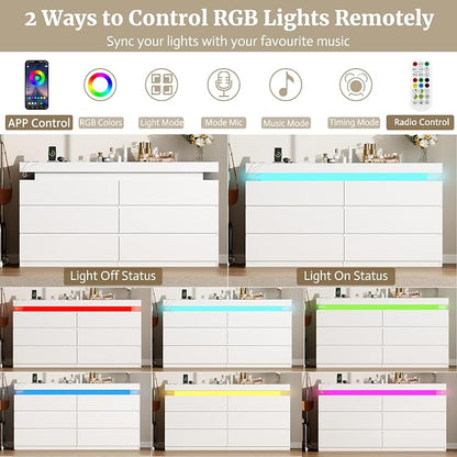 6 Drawer Dresser for Bedroom White Dresser with Hidden Sliding Desktop | Modern Double Wood Chest of Drawers for Closet w/ Charging Station LED RGB Lights Organizer Cabinet TV Stand for Living Room