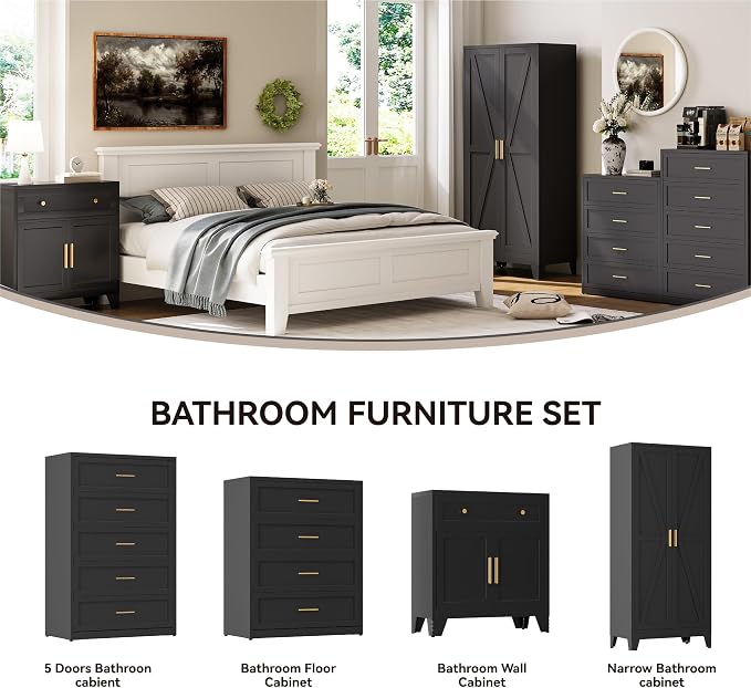 YAUWOH Farmhouse Wardrobe Cabinet,Metal Wardrobe Closet with Hanging Rod,Metal Armoire with Adjustable Shelves for Bedroom,Cloak Room,Office (Black)