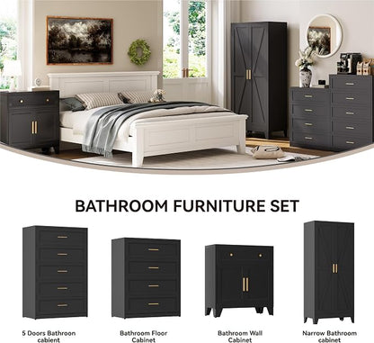 YAUWOH Farmhouse Wardrobe Cabinet,Metal Wardrobe Closet with Hanging Rod,Metal Armoire with Adjustable Shelves for Bedroom,Cloak Room,Office (Black)