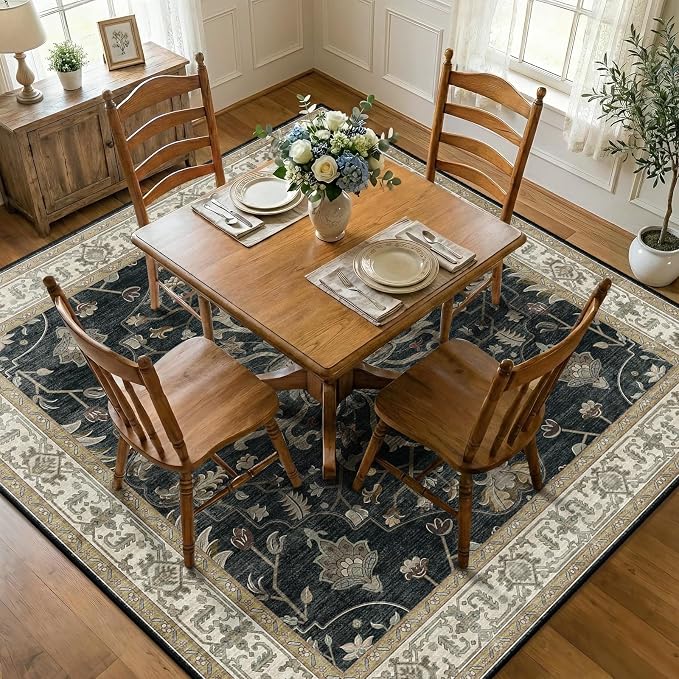 RELEANY Area Rugs Square 8ft Washable Non-Slip, Floral Vintage Distress Medallion Carpet for Living Room Bedroom Dining Room, Vintage Black Brown Neutral