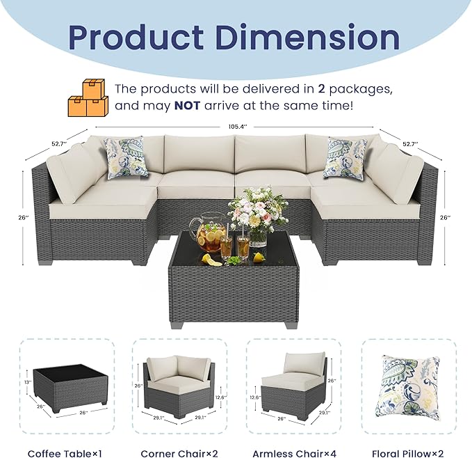 olimix 7 Piece Outdoor Patio Furniture Set, Outdoor Sectional Furniture, Rattan & Wicker Modern Modular Conversation Set Sofa Couch W/Water Resistant Washable Thick Cushions, Black/Beige